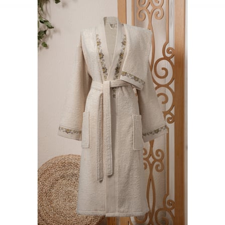 arliva home mono naturel nakışlı bukle bornoz seti