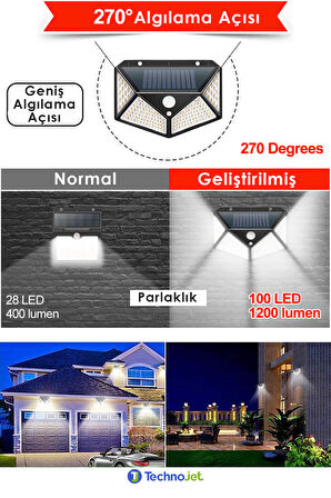 Technojet 2Adet 100 Ledli Sarı Işıklı Güneş Enerjili Solar Bahçe Aydınlatma Lambası Hareket Sensörlü