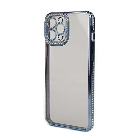 iPhone 12 Pro Max Kılıf Şeffaf Arka Yüzey Kamera ve Kenarları Taşlı Silikon