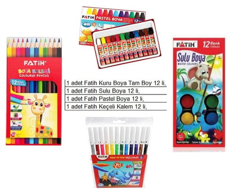 Okul Fatih Boya Seti Kuru Boya, Pastel Boya, Sulu Boya, Keçeli Kalem Boya 4 lü