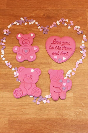 Sevgililer Günü Özel Kalpli Sevimli Sarılan Ayı Love You Kalp 4'lü Kurabiye Kalıbı Seti