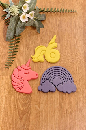 6 Yaş Doğum Günü Rakam Unicorn Gökkuşağı 3lü Set Kurabiye Kalıbı Ve Hamur Şekillendirici