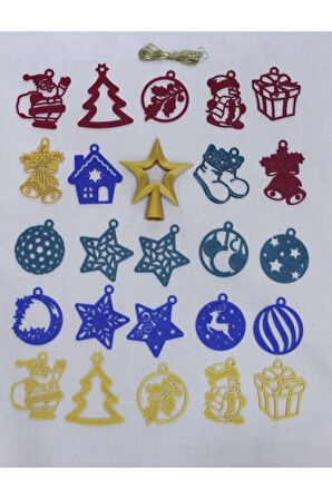 Yılbaşı Yeni Yıl Noel Çam Ağacı Süsü Ve Tepe Süsü Yıldız 25'li Set Renkli