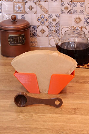 Kahve Filtre Kağıdı Tutucu Düzenleyici Organizer Asılabilir Stand Turuncu Ve 7 gr Kahve Ölçü Kaşığı