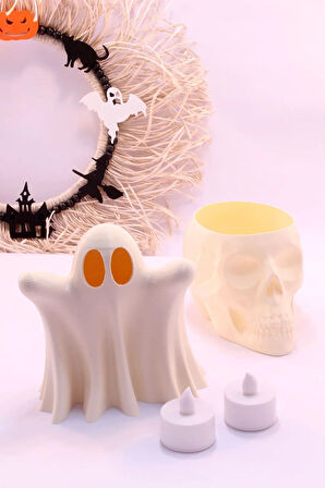Halloween Cadılar Bayramı Dekoru Süsü Kuru Kafa Skull Hayalet Mumluk Tealight Dekoratif Obje