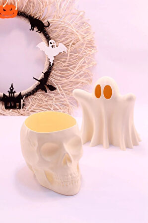 Halloween Cadılar Bayramı Dekoru Süsü Kuru Kafa Skull Hayalet Mumluk Tealight Dekoratif Obje