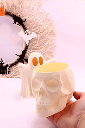 Halloween Cadılar Bayramı Dekoru Süsü Kuru Kafa Skull Hayalet Mumluk Tealight Dekoratif Obje