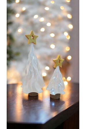 Alev Efektli Titreyen Led Mum Işıklı Yılbaşı Noel Çam Ağacı Dekoratif Biblo 17cm & 25cm 2li Set