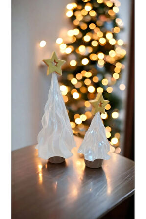 Alev Efektli Titreyen Led Mum Işıklı Yılbaşı Noel Çam Ağacı Dekoratif Biblo 17cm & 25cm 2li Set