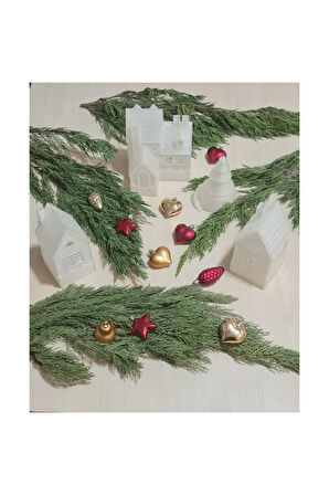 Led Mum Işıklı Yılbaşı Köyü Köşk Evi Dekoratif Biblo 4 Parçalı Set, 5 Adet Led Mum Dahildir