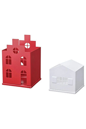 Metal Ev Şeklinde Kırmızı Beyaz Mumluk 2li Set