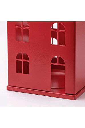 Metal Ev Şeklinde Kırmızı Beyaz Mumluk 2li Set