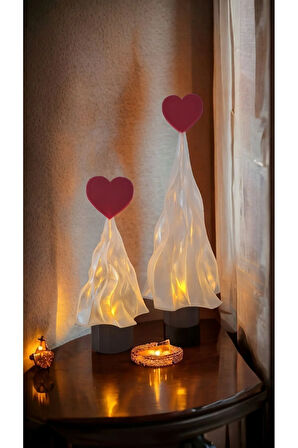 Led Mum Işıklı Sevgililer Günü Kalpli Çam Ağacı Dekoratif Biblo 17cm & 25cm 2li Set