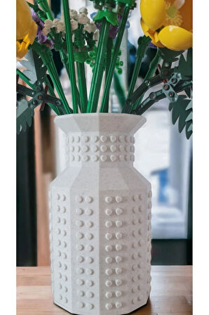 Lego Çiçek Uyumlu Özel Tasarım Dekoratif Vazo Biyoplastik Granit Beyaz (ÇİÇEKLER DAHİL DEĞİLDİR)