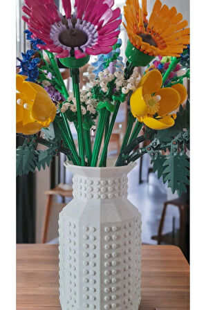 Lego Çiçek Uyumlu Özel Tasarım Dekoratif Vazo Biyoplastik Granit Beyaz (ÇİÇEKLER DAHİL DEĞİLDİR)