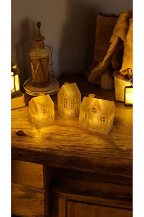 Alev Efektli Led Mum Işıklı Yılbaşı 3'lü Mini Ev Seti Dekoratif Biblo