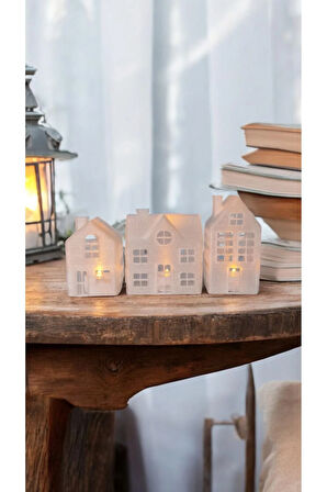 Alev Efektli Led Mum Işıklı Yılbaşı 3'lü Mini Ev Seti Dekoratif Biblo