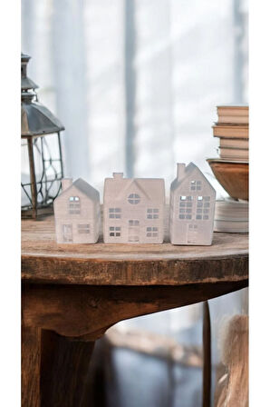 Alev Efektli Led Mum Işıklı Yılbaşı 3'lü Mini Ev Seti Dekoratif Biblo