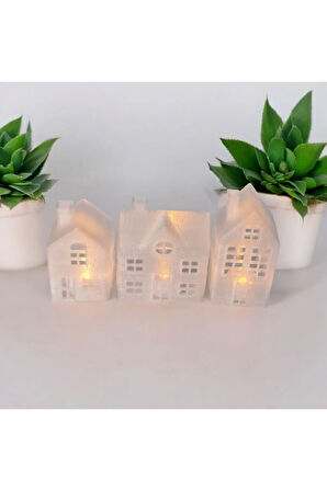 Alev Efektli Led Mum Işıklı Yılbaşı 3'lü Mini Ev Seti Dekoratif Biblo
