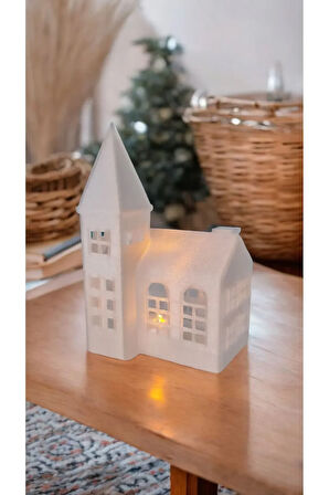 Yılbaşı Temalı Işıklı Kale Alev Efektli Led Mum Işıklı Saat Kulesi Kilise Mini Ev Dekoratif Biblo