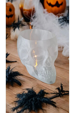 Halloween Cadılar Bayramı Dekoru Süsü Led Mumlu Kuru Kafa Skull Kase Dekoratif Obje Yarı Saydam