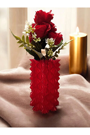 3 Boyutlu Kristal Tasarım Dekoratif Vazo Biyoplastik Transparan Kırmızı