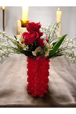 3 Boyutlu Kristal Tasarım Dekoratif Vazo Biyoplastik Transparan Kırmızı