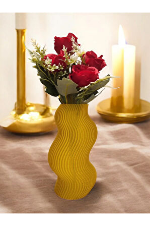 Dalgalı Çizgili Burgu İskandinav Tarz Özel Tasarım Dekoratif Vazo Biyoplastik Transparan Sarı