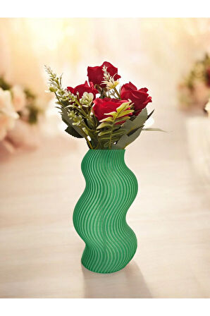 Dalgalı Çizgili Burgu İskandinav Tarz Özel Tasarım Dekoratif Vazo Biyoplastik Transparan Yeşil