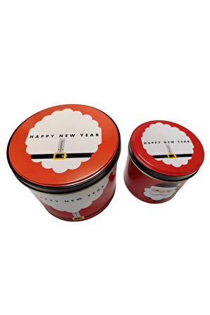 Yılbaşı Noel Baba Baskılı Metal Saklama Kutusu Hediyelik Kurabiye Kutusu 2'li Set