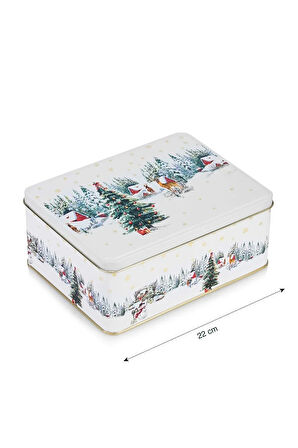 Yılbaşı Temalı Karlı Köy Renkli Baskılı Metal Saklama Kutusu