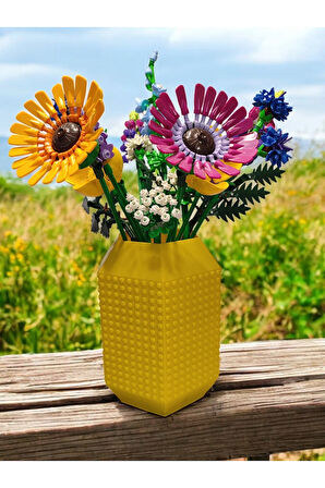 Lego Çiçek Uyumlu Özel Tasarım Büyük Dekoratif Vazo Biyoplastik Sarı