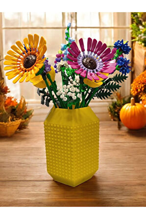Lego Çiçek Uyumlu Özel Tasarım Büyük Dekoratif Vazo Biyoplastik Sarı