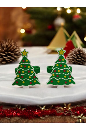 Yılbaşı Temalı Yeni Yıl Sofrası Süslü Çam Ağacı Peçete Yüzüğü 2'li Takım