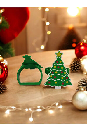 Yılbaşı Temalı Yeni Yıl Sofrası Süslü Çam Ağacı Peçete Yüzüğü 2'li Takım