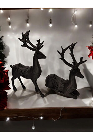 Yılbaşı Dekoru Geyik Ayakta Ve Oturan 2li Set Dekoratif Obje Siyah