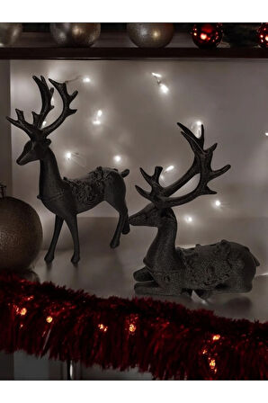 Yılbaşı Dekoru Geyik Ayakta Ve Oturan 2li Set Dekoratif Obje Siyah
