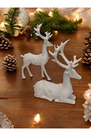 Yılbaşı Dekoru Geyik Ayakta ve Oturan 2li Set Dekoratif Obje Beyaz