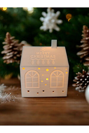 Yılbaşı Dekoru Alev Efektli Led Mum ile Merry Christmas Süslü Ev 11 cm