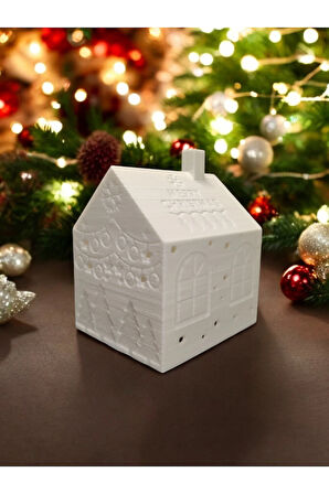 Yılbaşı Dekoru Alev Efektli Led Mum ile Merry Christmas Süslü Ev 11 cm