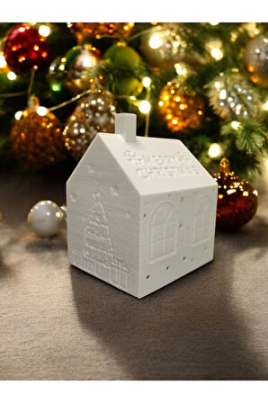 Yılbaşı Dekoru Alev Efektli Led Mum ile Merry Christmas Süslü Ev 11 cm