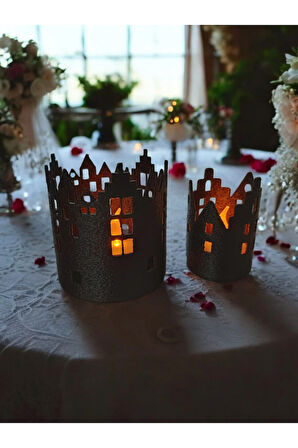 Şehir Evleri Desenli Mumluk Seti Alev Efektli Led Mum Hediye! Siyah
