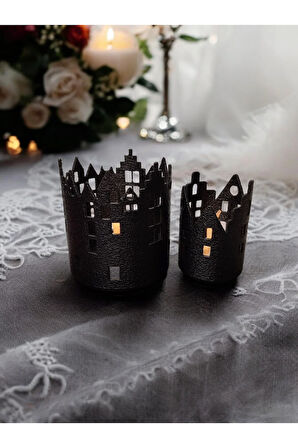 Şehir Evleri Desenli Mumluk Seti Alev Efektli Led Mum Hediye! Siyah