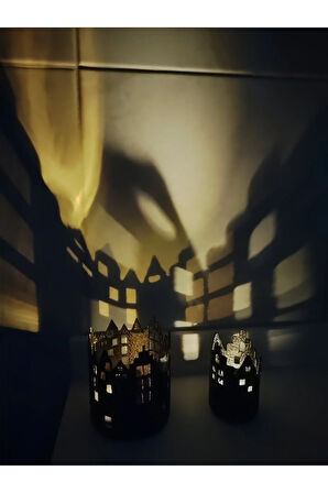 Şehir Evleri Desenli Mumluk Seti Alev Efektli Led Mum Hediye! Siyah