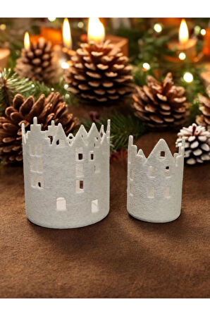 Şehir Evleri Desenli Mumluk Seti Alev Efektli Led Mum Hediye! Granit Beyaz