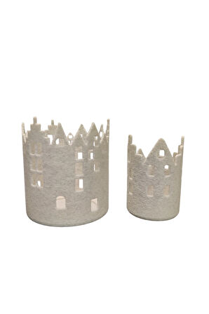 Şehir Evleri Desenli Mumluk Seti Alev Efektli Led Mum Hediye! Granit Beyaz