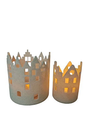 Şehir Evleri Desenli Mumluk Seti Alev Efektli Led Mum Hediye! Granit Beyaz