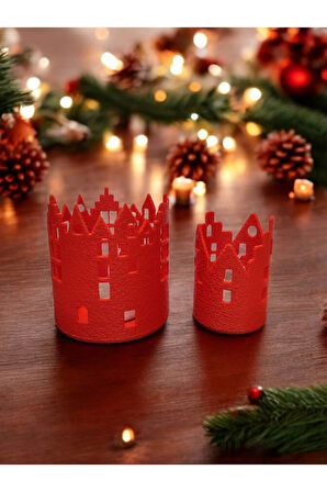 Şehir Evleri Desenli Mumluk Seti Alev Efektli Led Mum Hediye! Kırmızı