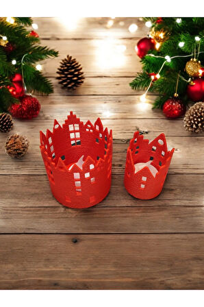 Şehir Evleri Desenli Mumluk Seti Alev Efektli Led Mum Hediye! Kırmızı