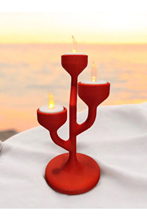 Alev Efektli Titreyen Led Mumlu Modern Şamdan 3'lü Mumluk Kırmızı